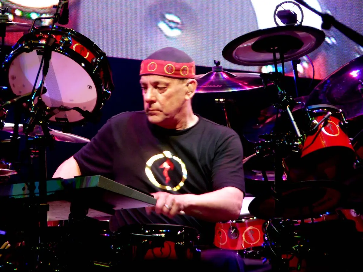 Neil Peart playing his amazingly complex drum set